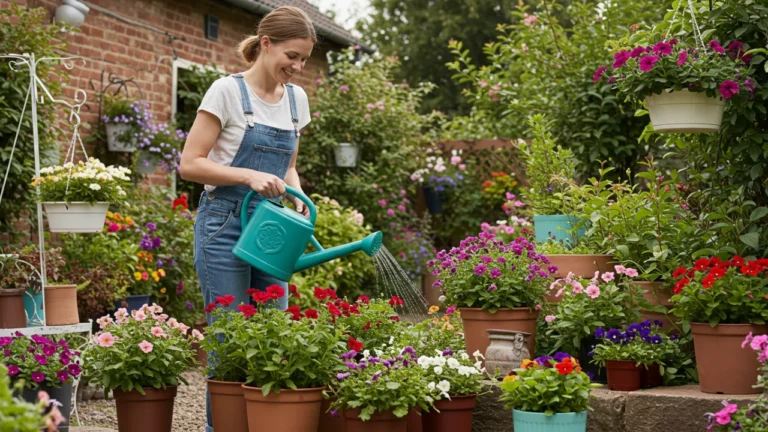 Pessoa regando um jardim florido ao amanhecer, com borboletas ao redor e uma atmosfera tranquila e harmoniosa