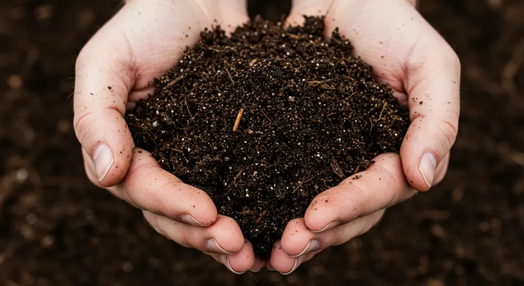 Mãos seguras terra escura e rica com minhocas e composto orgânico para jardim