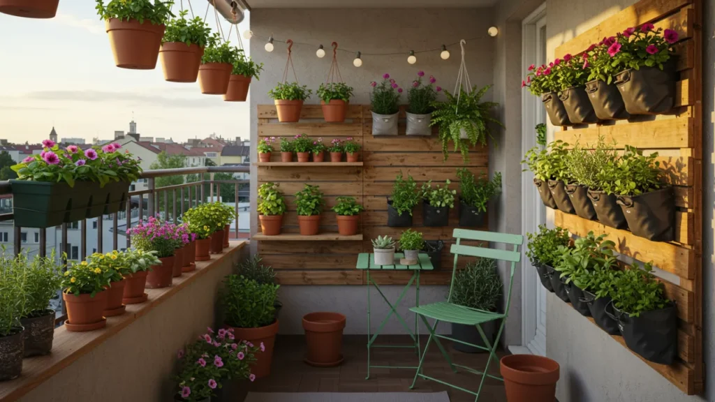 Varanda pequena de apartamento transformada em jardim vertical com vasos suspensos, ervas aromáticas e flores coloridas