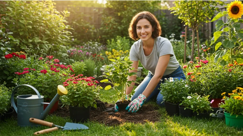 Pessoa sorridente cuidando de um jardim florido com ferramentas de jardinagem e plantas coloridas ao fundo