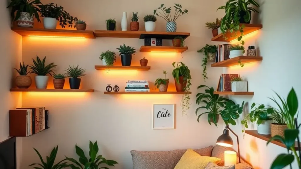 Prateleiras suspensas com objetos decorativos e plantas em ambiente pequeno, otimizando espaço com estilo