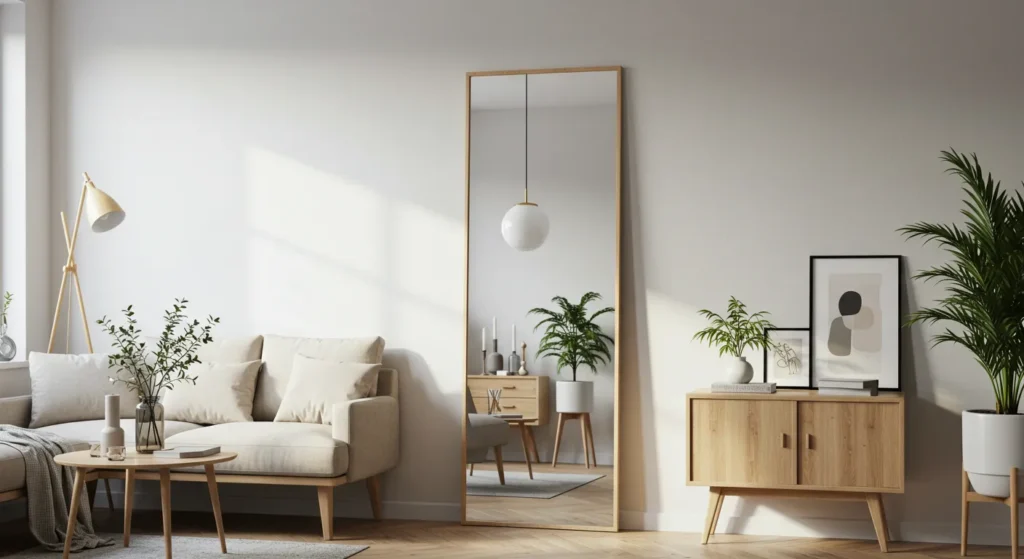 Espelho grande em sala pequena refletindo luz natural e ampliando visualmente o ambiente