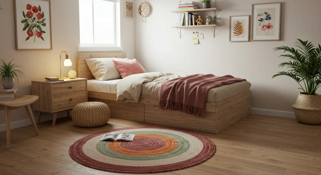 Sala pequena com tapete colorido central, destacando-se em meio à decoração neutra.