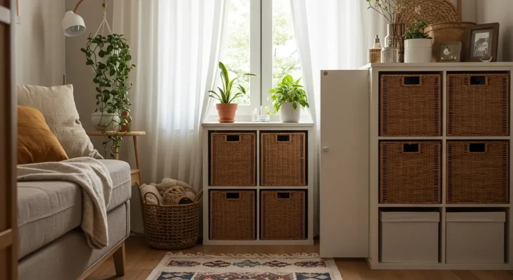 Estante com organizadores de armazenamento, caixas e cestos em ambiente de sala pequena.