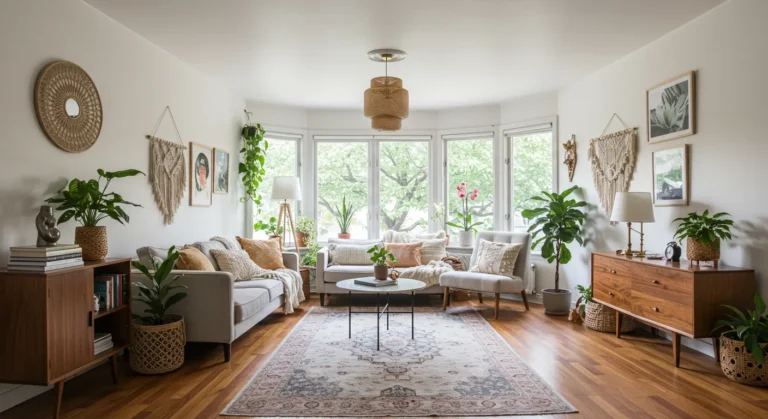 Sala pequena com decoração funcional e criativa, com espelho grande na parede, plantas e móveis multifuncionais