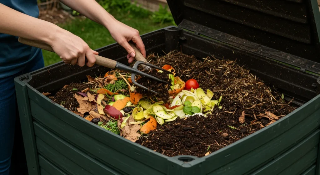 Resíduos de cozinha como cascas de frutas, legumes, borra de café e folhas secas em caixa de compostagem, formando adubo orgânico natural.