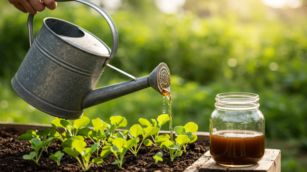 Chá de composto sendo regado nas plantas, proporcionando uma nutrição líquida rica em nutrientes para estimular o crescimento e a saúde das plantas.