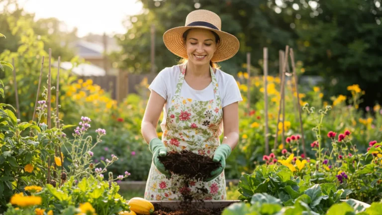 Montagem de resíduos orgânicos como cascas de frutas, folhas secas e restos de alimentos sendo preparados para compostagem em adubação natural