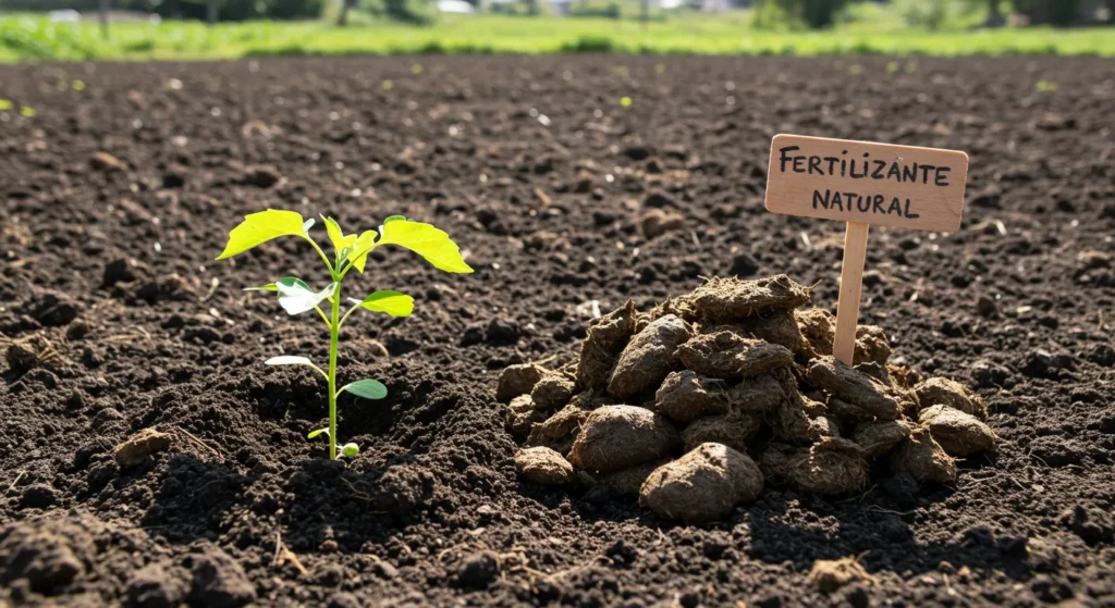 Esterco curtido de vaca sendo aplicado em canteiro de horta, como adubo natural rico em nutrientes para fortalecer o solo e as plantas.