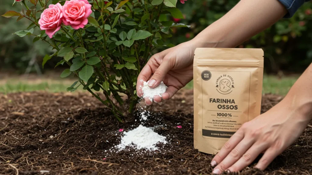 Farinha de osso sendo aplicada ao solo em canteiro de flores, fornecendo fósforo para o desenvolvimento das raízes e melhor floração das plantas.