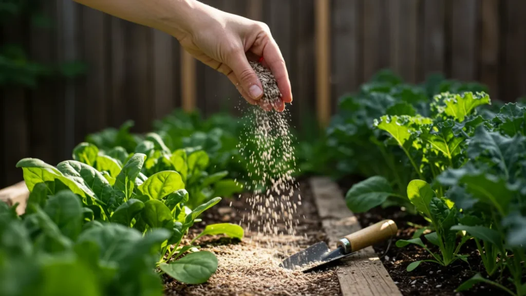 Cinzas de madeira sendo aplicadas no solo de horta, fornecendo potássio e micronutrientes para melhorar a estrutura e o pH do solo.