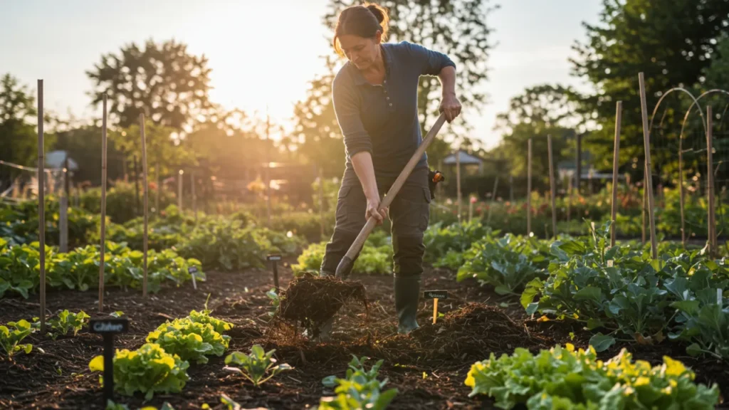 Pessoa aplicando adubo natural em jardim com flores, promovendo a nutrição do solo e incentivando um cultivo sustentável e ecológico.