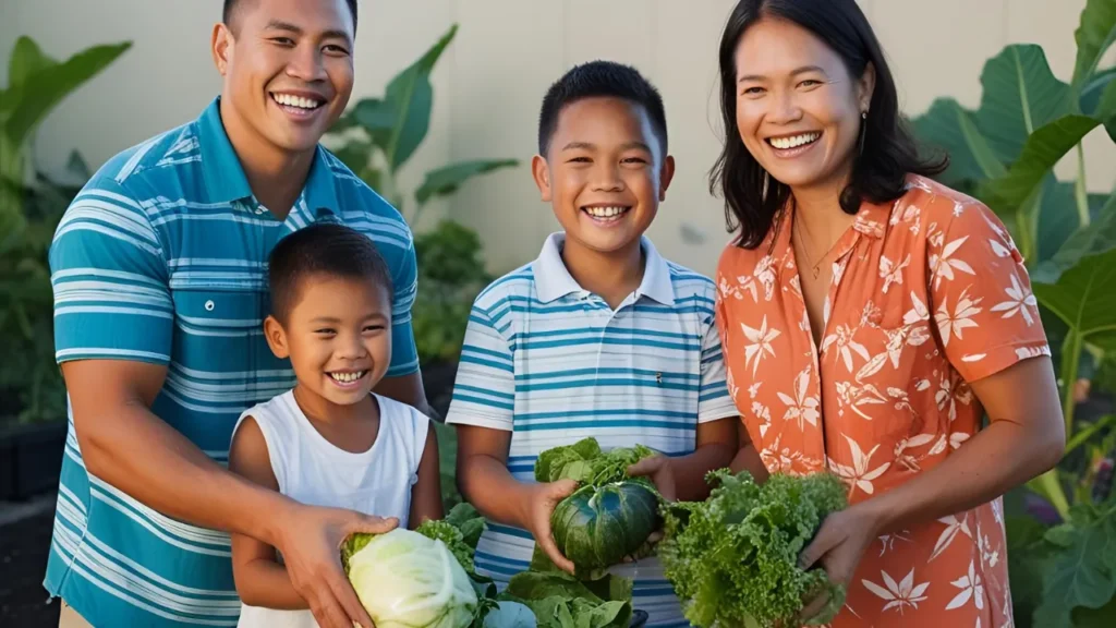 Família feliz colhendo verduras frescas em uma horta urbana ao entardecer, simbolizando união, sustentabilidade e conexão com a natureza.