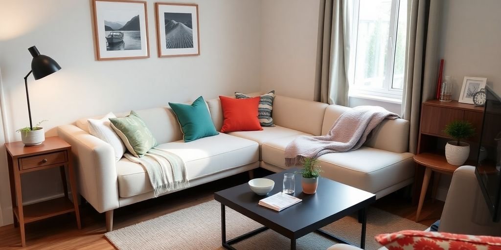 Móveis multifuncionais como sofá-cama e pufe-baú em sala pequena e organizada