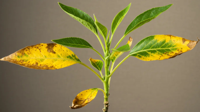 "Planta com deficiência de nitrogênio mostrando folhas inferiores amareladas e superiores verdes